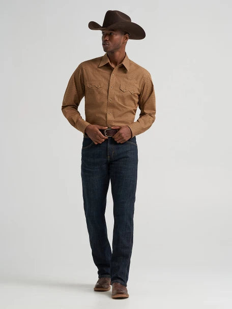 Wrangler Men's Retro Modern Fit Long Sleeve Western Snap Shirt Brown Print 112385599
