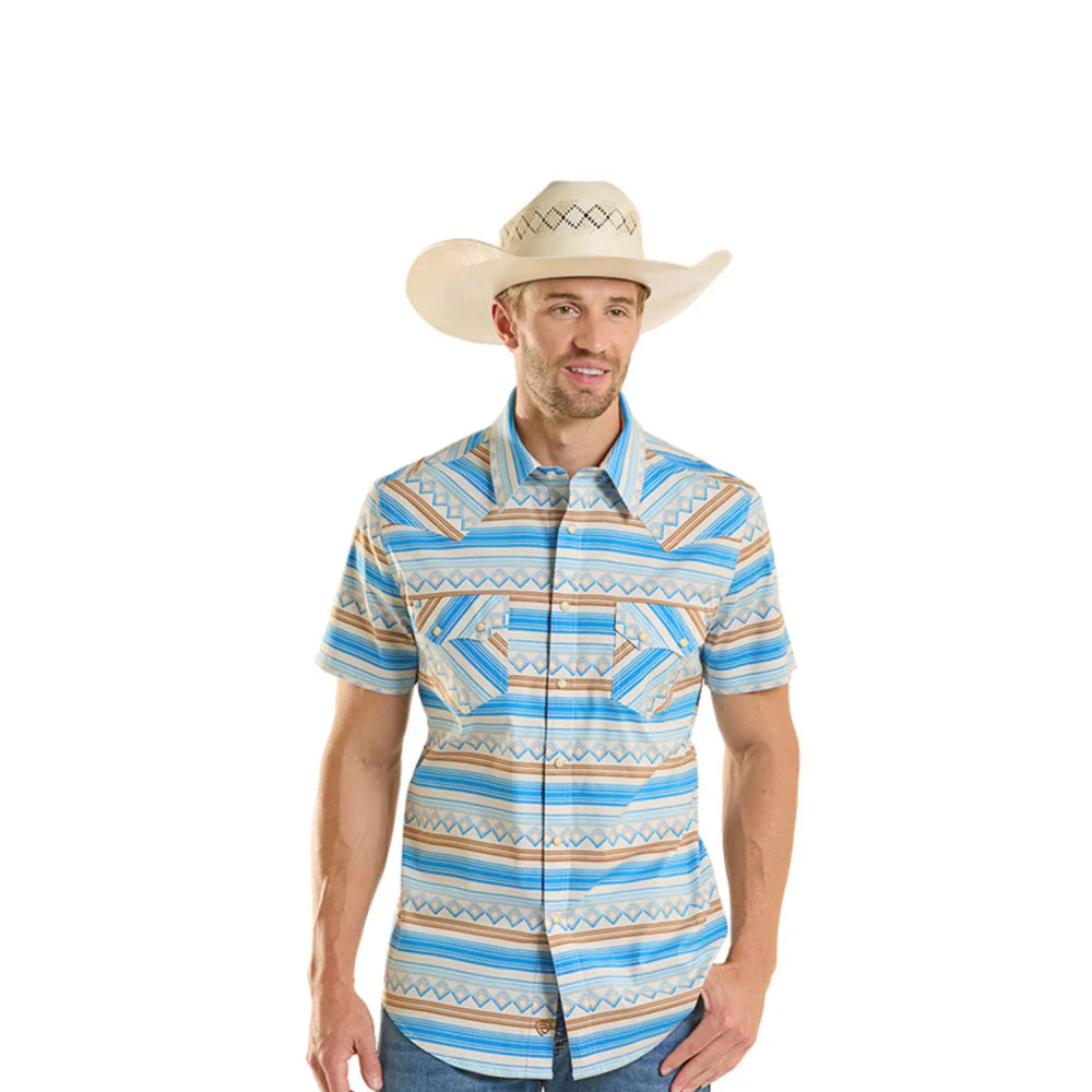 Rock & Roll Denim Men's Blue Stripe Printed Short Sleeve Snap Shirt BMN3S08658