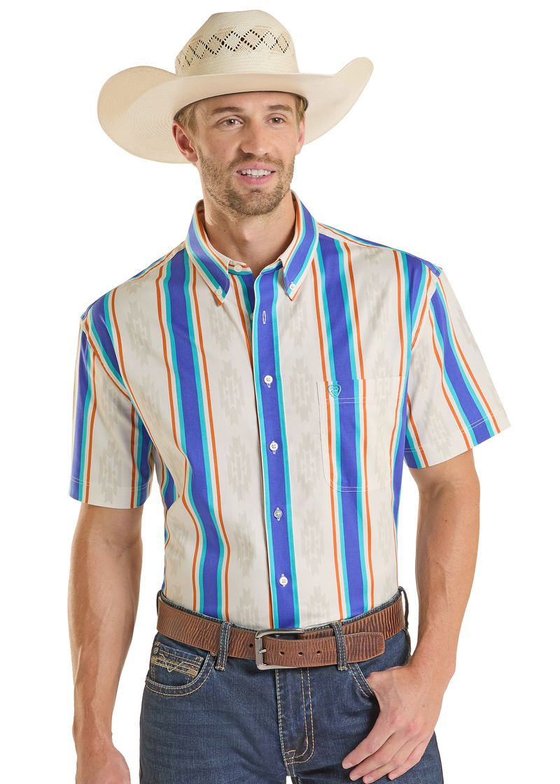 Rock & Roll Denim Men's Blue Striped Brushed Popper Short Sleeve Shirt BMB3S08657