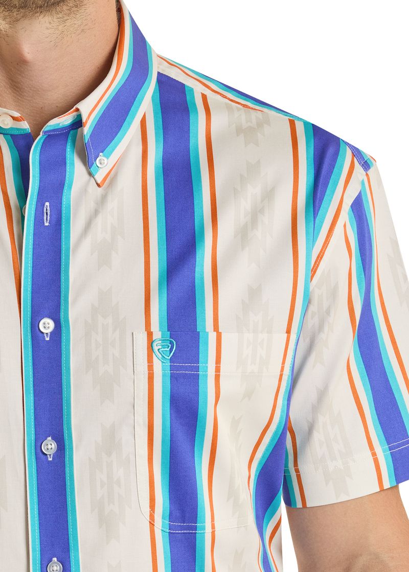 Rock & Roll Denim Men's Blue Striped Brushed Popper Short Sleeve Shirt BMB3S08657