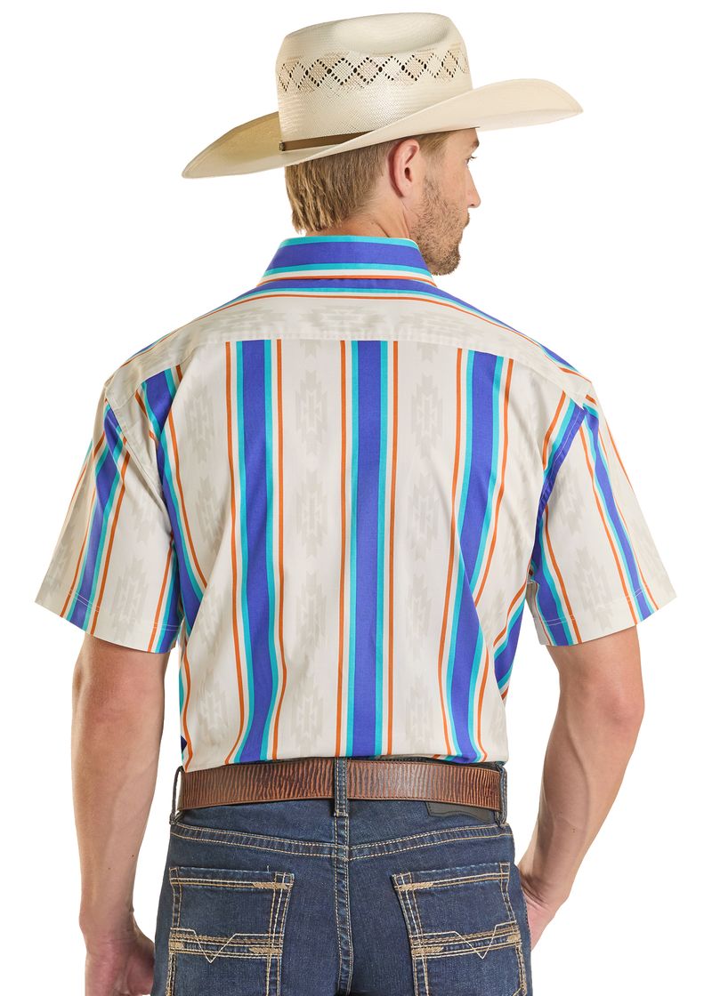 Rock & Roll Denim Men's Blue Striped Brushed Popper Short Sleeve Shirt BMB3S08657