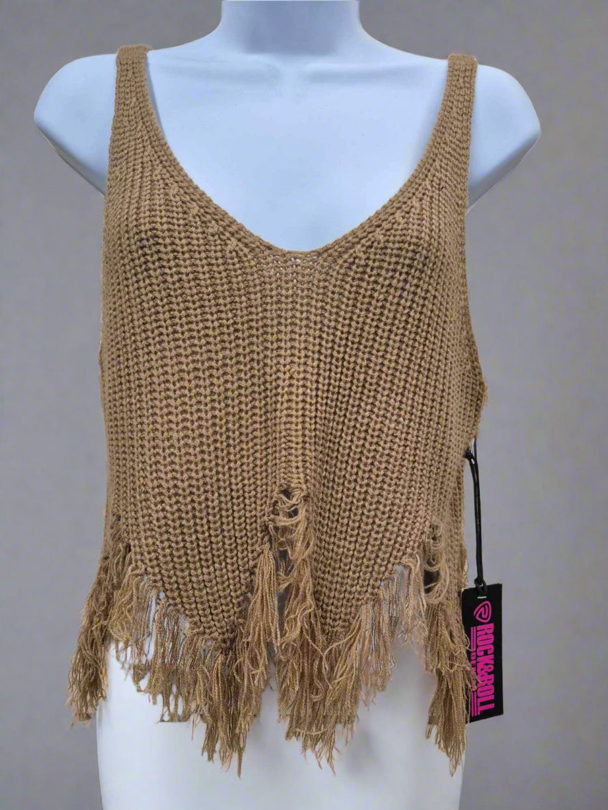 Rock & Roll Women Top  Camel Distressed Knit RRWT20R18P