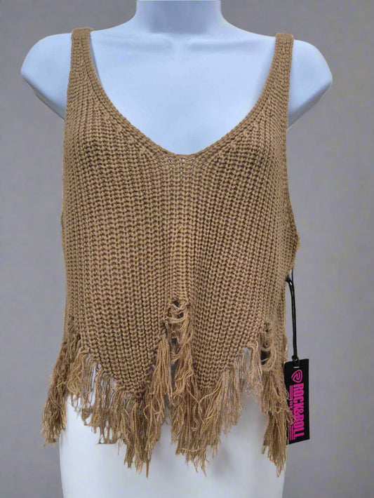 Rock & Roll Women Top  Camel Distressed Knit RRWT20R18P