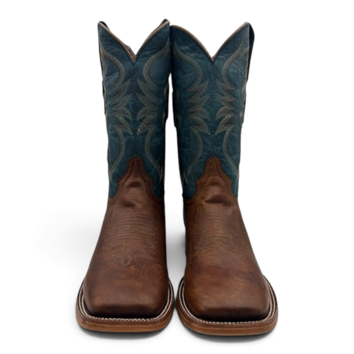 Cowboy City Western Wear Ranch Industry Eden square toe cowboy boots with tan leather foot and blue stitched shaft