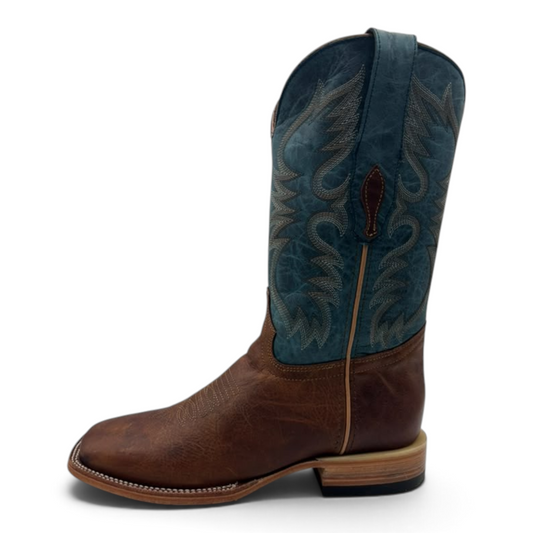 Cowboy City Western Wear Ranch Industry Eden Damiana square toe cowboy boot with brown leather foot and blue shaft