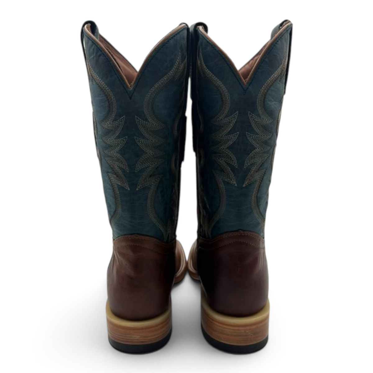 Cowboy City Western Wear Ranch Industry Eden square toe cowboy boots with blue shafts and brown leather feet