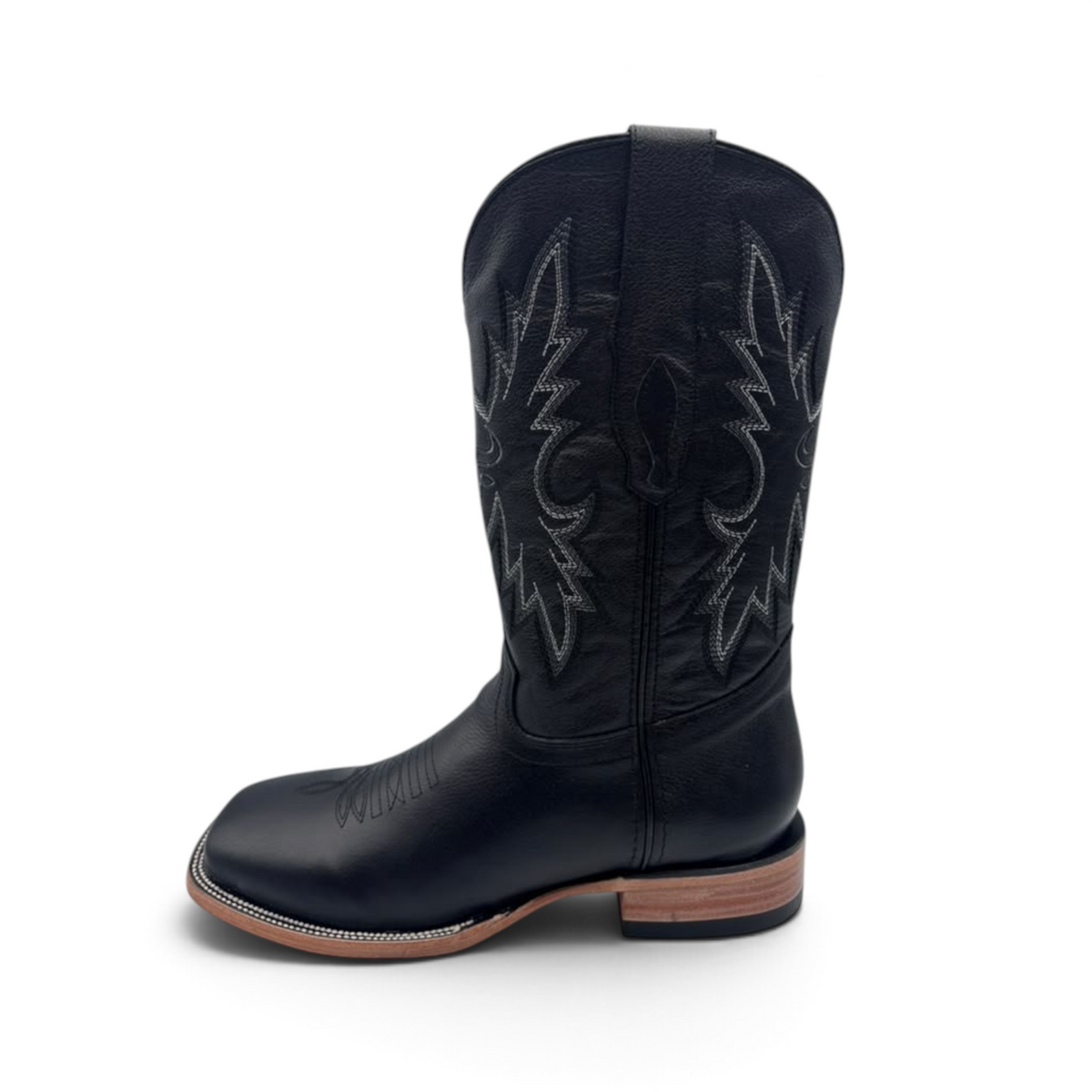 Cowboy City Western Wear black full-grain leather square toe cowboy boot with western stitching and tan leather sole