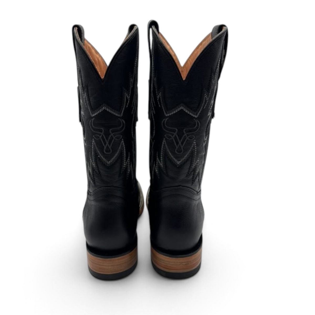 Cowboy City Western Wear black full-grain leather cowboy boots with western stitching and stacked leather heels