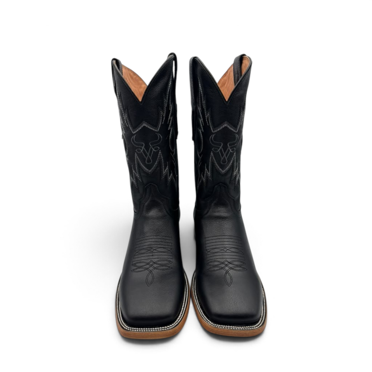 Cowboy City Western Wear black full-grain leather square toe cowboy boots with intricate western shaft stitching.
