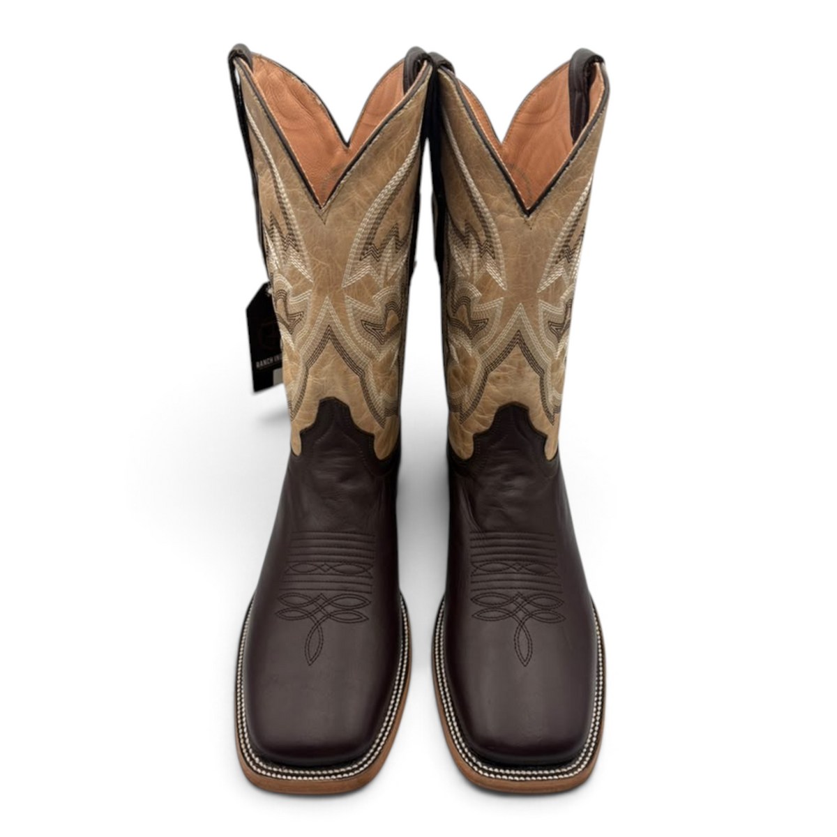 Cowboy City Western Wear Ranch Industry square toe cowboy boots in brown leather with tan embroidered shafts