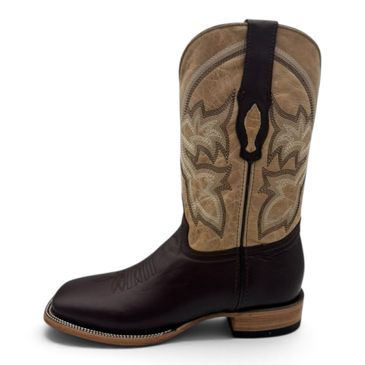 Cowboy City Western Wear Ranch Industry square toe cowboy boot in brown leather with tan shaft and western stitching