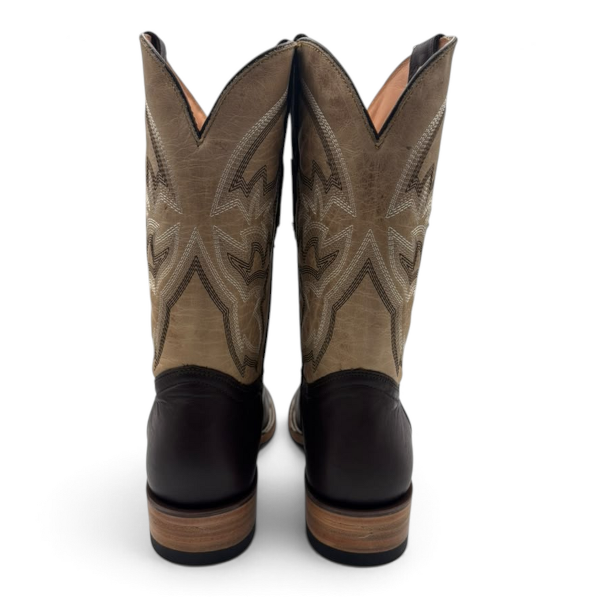Cowboy City Western Wear Ranch Industry brown square toe cowboy boots with detailed western stitching on the shaft