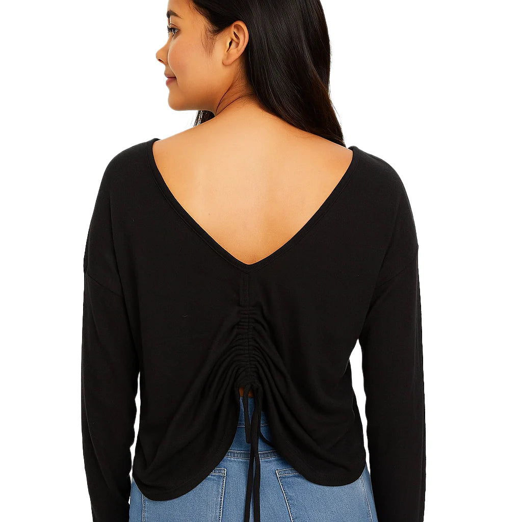 Panhandle Ladies Brushed Knit Back Cinching Black Top JW22T03618-01