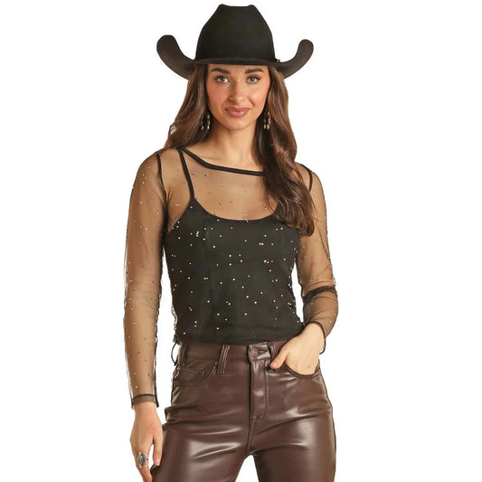 Rock & Roll Women's Mesh Rhinestone Top BM52T02740