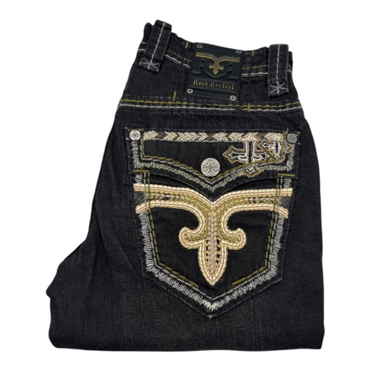 Cowboy City Western Wear Rock Revival Eban black straight fit jeans with embroidered back pockets and leather patch