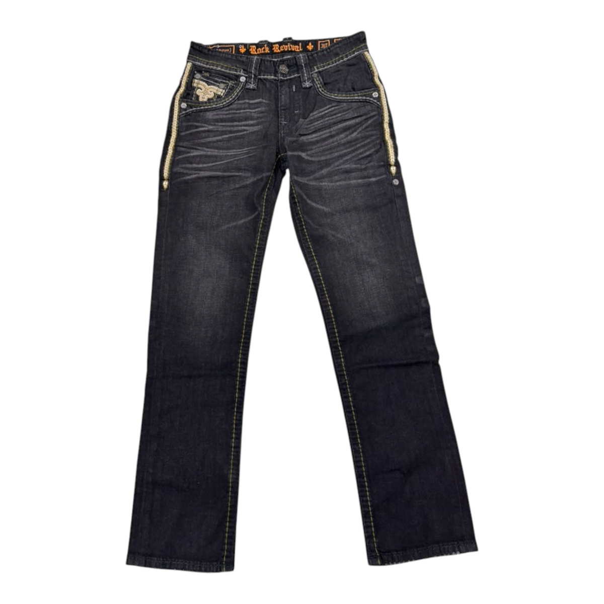 Cowboy City Western Wear Rock Revival Eban black straight fit jeans with contrast stitching and hand-sanded finish