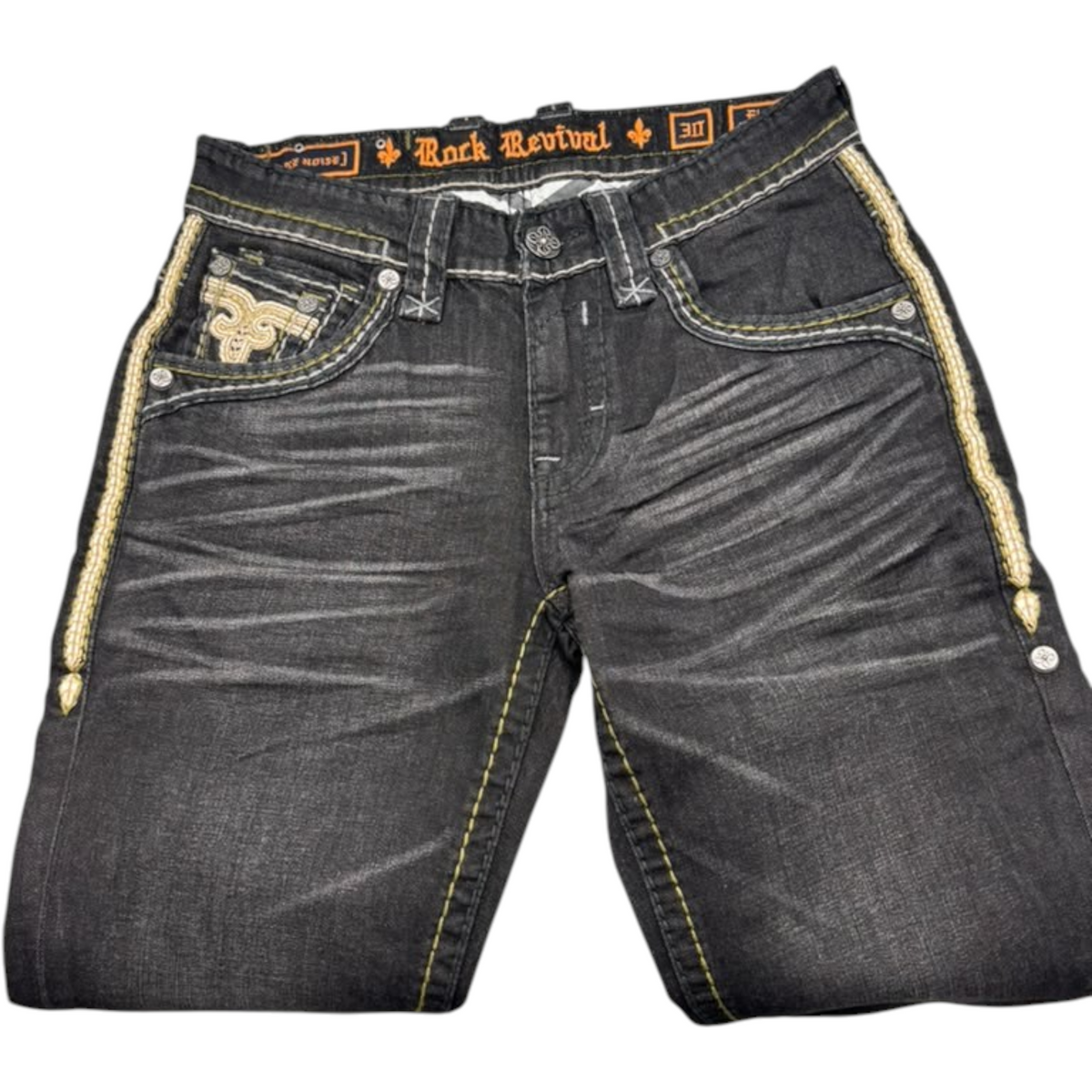 Cowboy City Western Wear Rock Revival Eban black straight fit jeans with contrast stitching and embroidered pockets