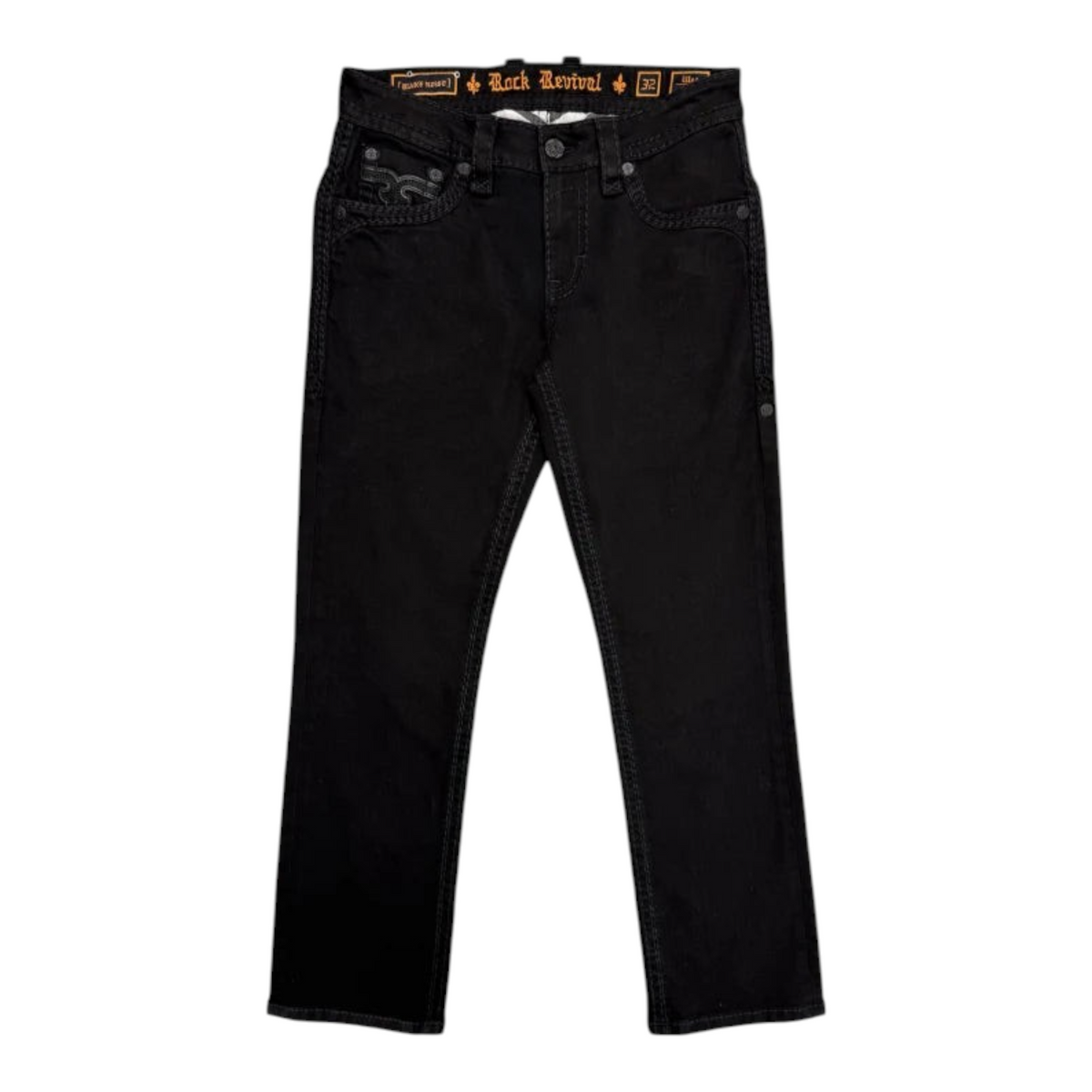 Cowboy City Western Wear Rock Revival Wes J214 straight leg jeans in black denim with signature fleur-de-lis detailing.
