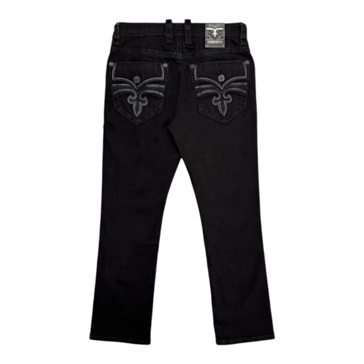 Cowboy City Western Wear Rock Revival Wes J214 black straight leg jeans with signature fleur-de-lis back pockets