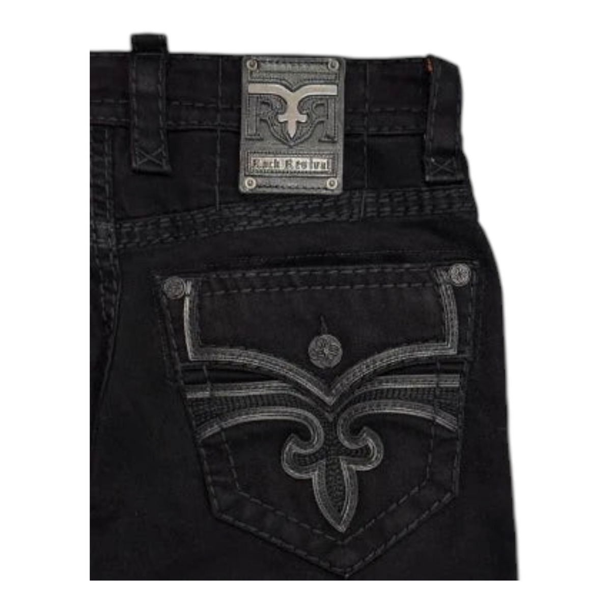 Cowboy City Western Wear Rock Revival Wes J214 black straight leg jeans with signature fleur-de-lis back pocket