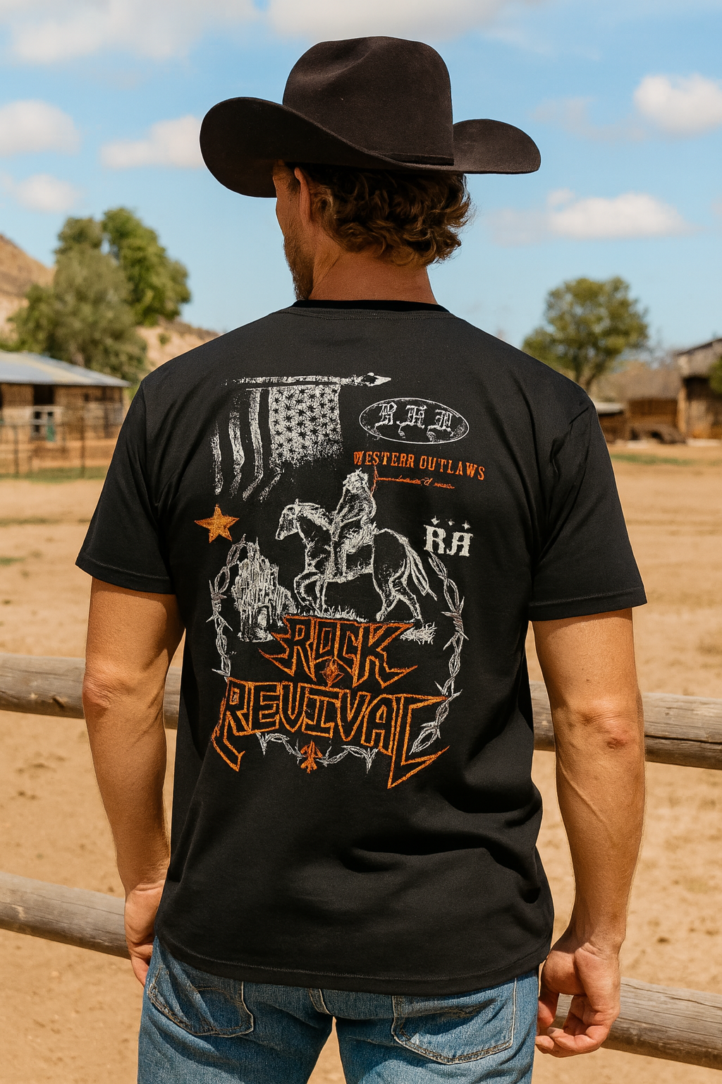 Rock Revival Men's Black T Shirt Western Outlaw