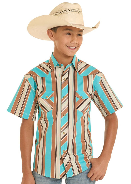 Rock & Roll Demin Boy's Teal Stripe Print Short Sleeve Snap Shirt BBN3S08652