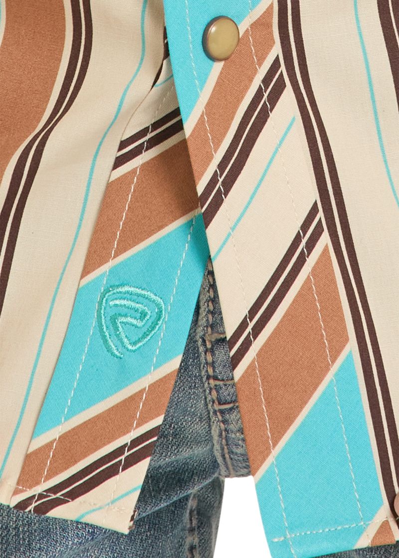 Rock & Roll Demin Boy's Teal Stripe Print Short Sleeve Snap Shirt BBN3S08652