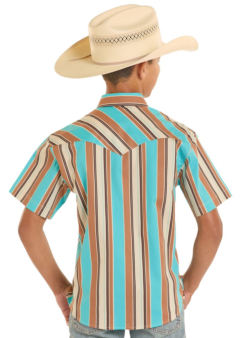 Rock & Roll Demin Boy's Teal Stripe Print Short Sleeve Snap Shirt BBN3S08652