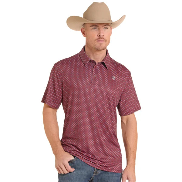 Rock & Roll Denim Men's Micro Geo Print Short Sleeve Polo Burgundy BM51T10050
