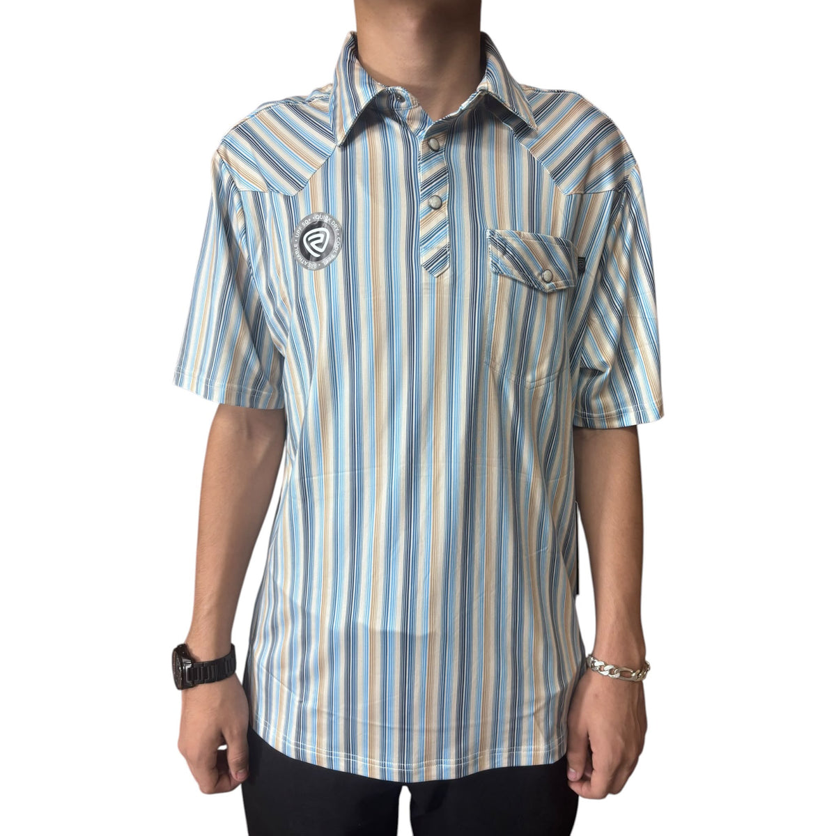 Rock & Roll Denim Men's Stripe Print Short Sleeve Polo Beige BM51T10061