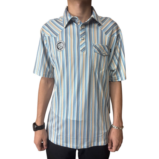 Rock & Roll Denim Men's Stripe Print Short Sleeve Polo Beige BM51T10061