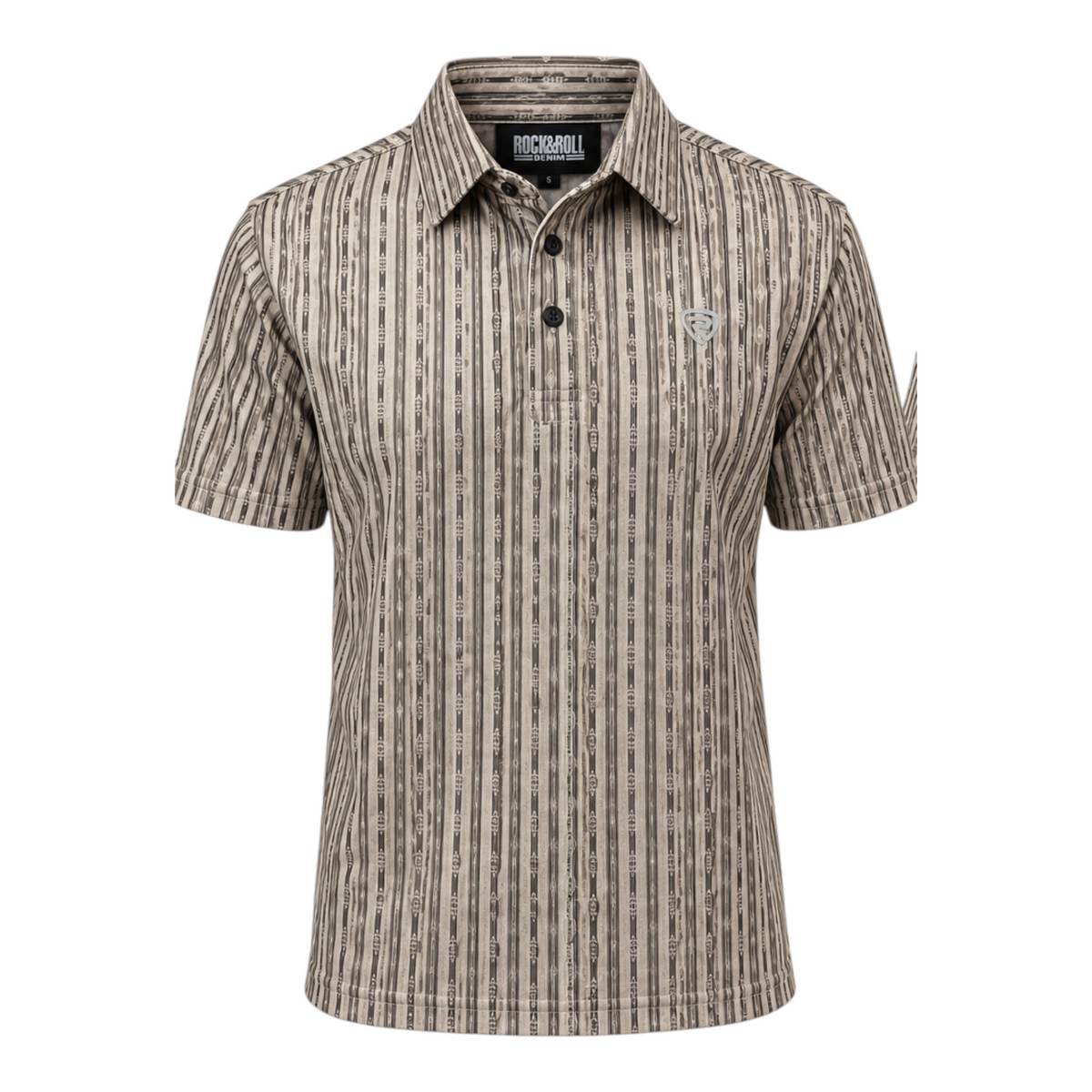 Cowboy City Western Wear Rock & Roll Denim men's tan polo shirt with geometric vertical stripes and chest logo.