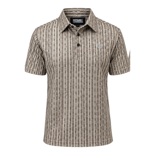 Cowboy City Western Wear Rock & Roll Denim men's tan polo shirt with geometric vertical stripes and chest logo.