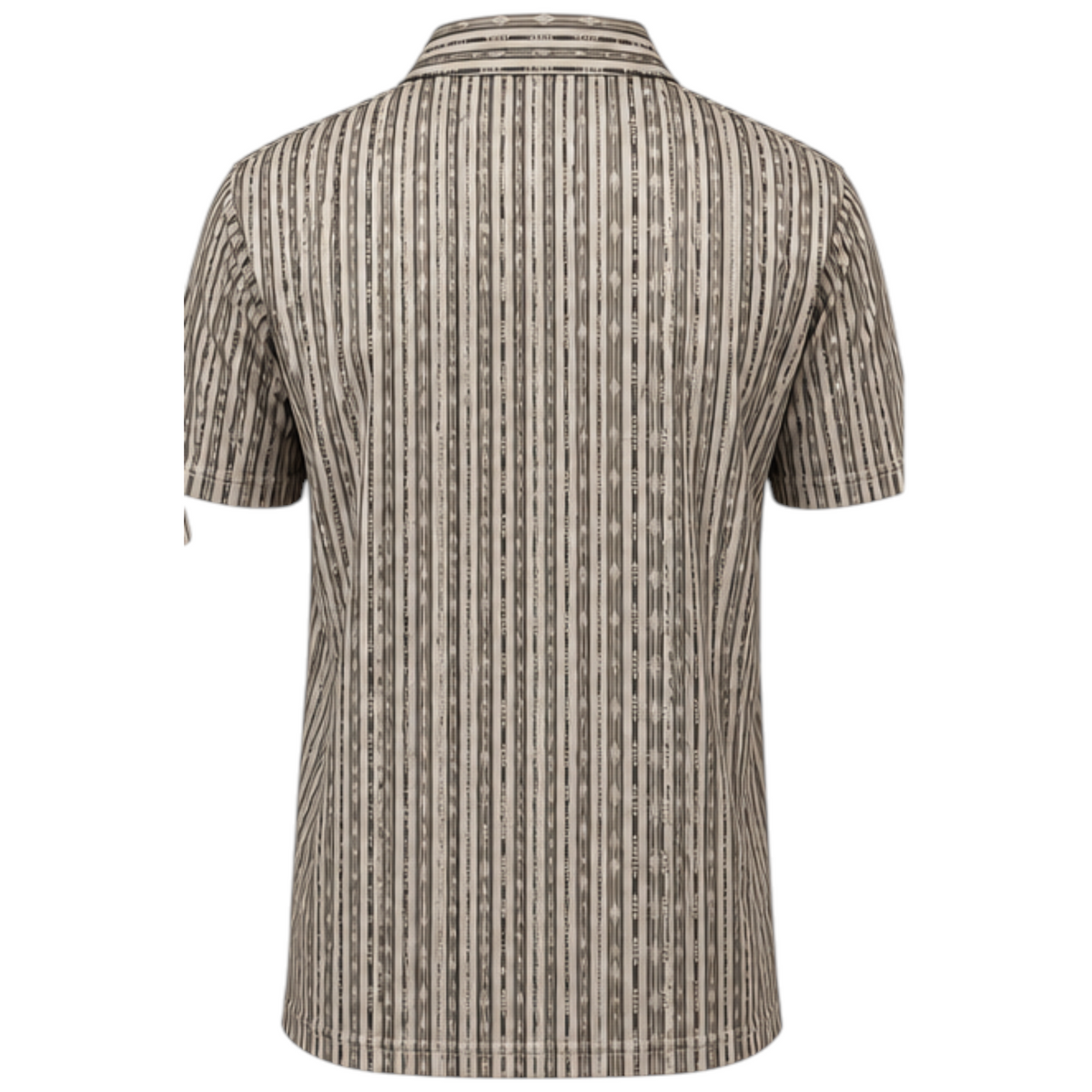 Back view of a Cowboy City Western Wear tan short sleeve polo shirt with geometric vertical stripes