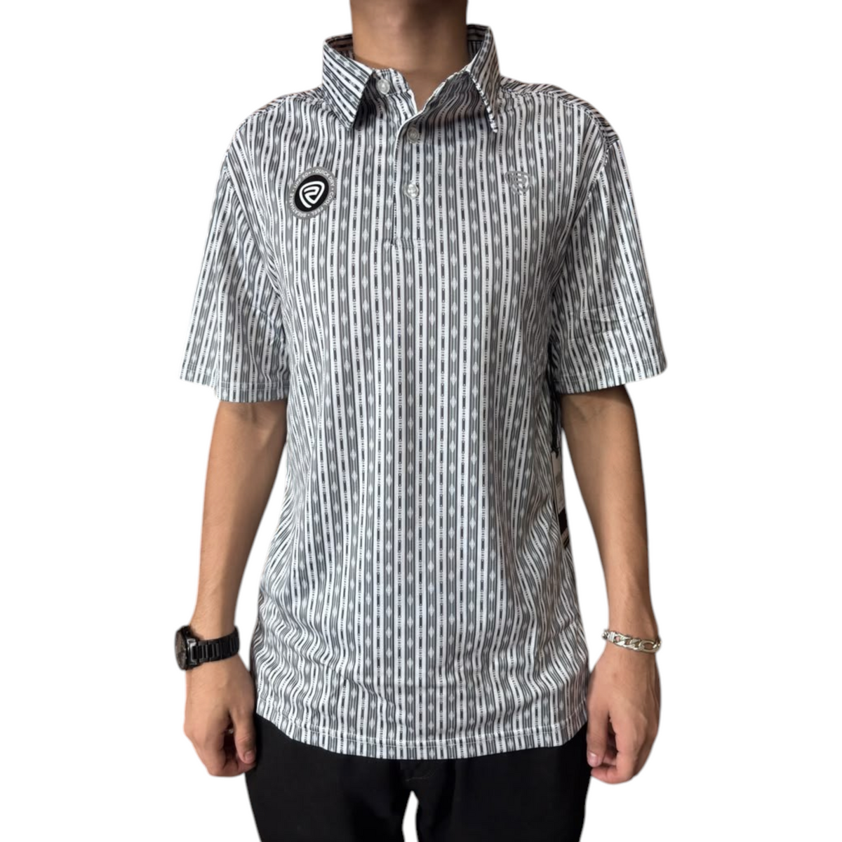 Cowboy City Western Wear Rock & Roll Denim white short sleeve polo with a vertical printed stripe pattern