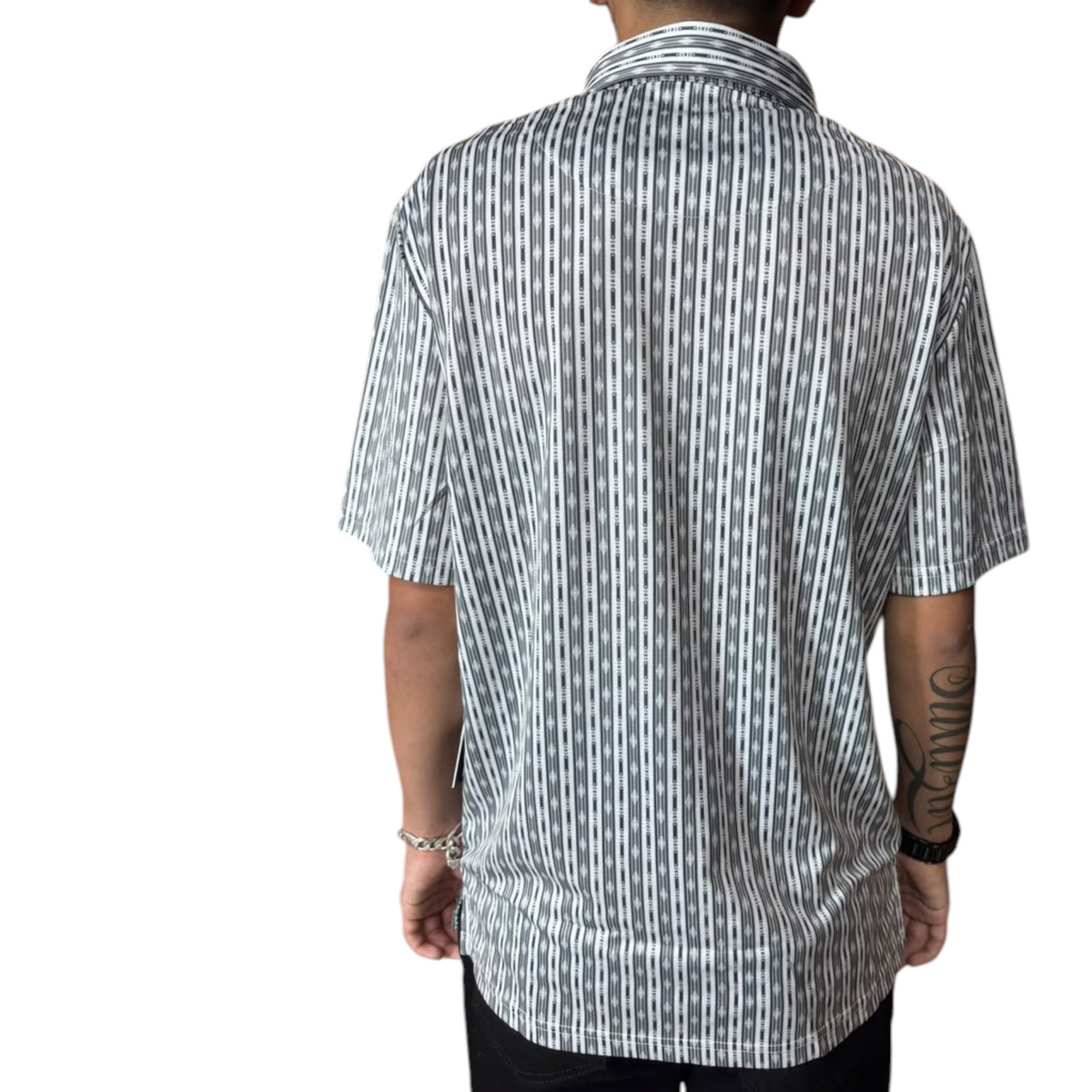 Cowboy City Western Wear Rock & Roll Denim men's white short sleeve polo with a vertical striped print, back view.