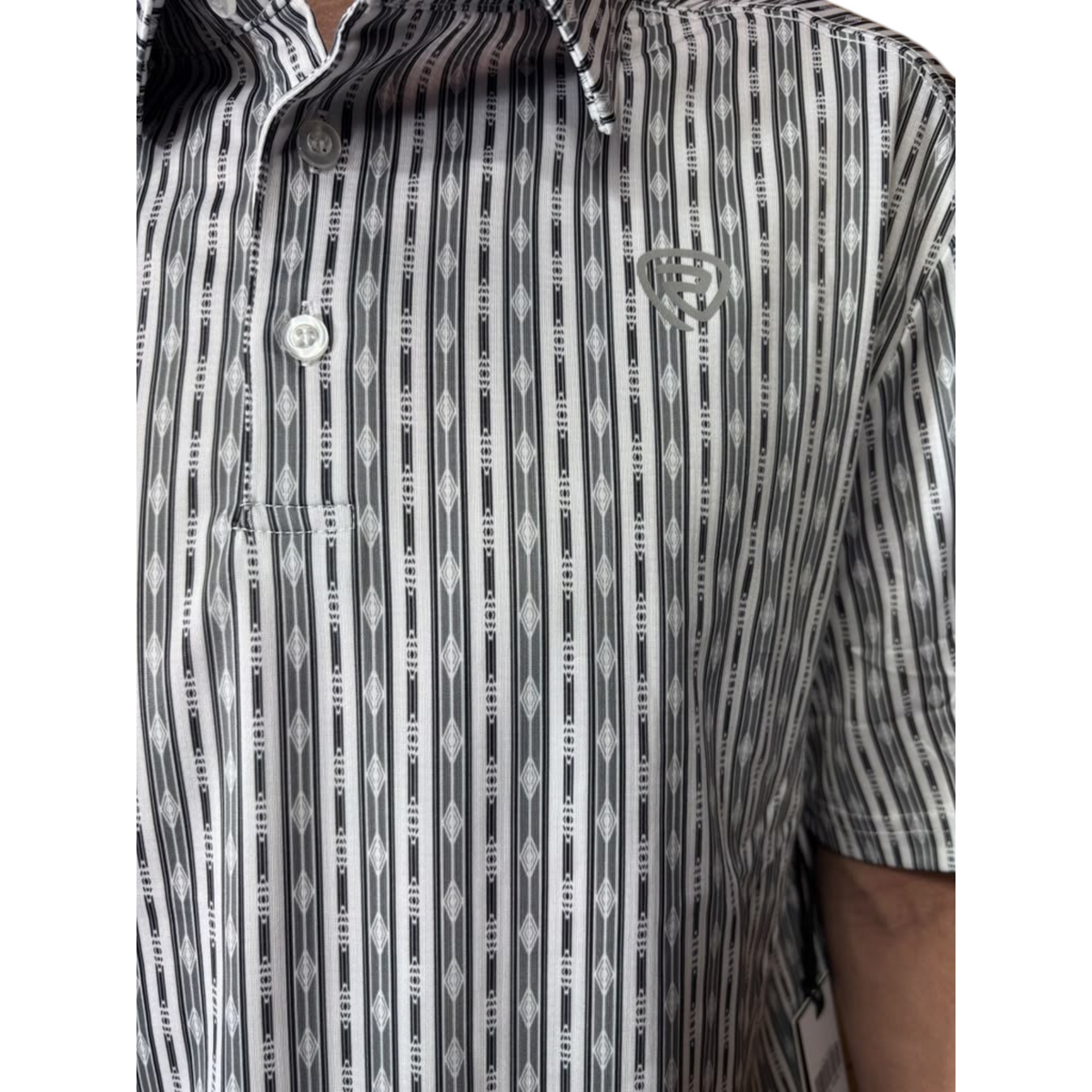 Cowboy City Western Wear Rock & Roll Denim white short sleeve polo with a vertical geometric stripe print