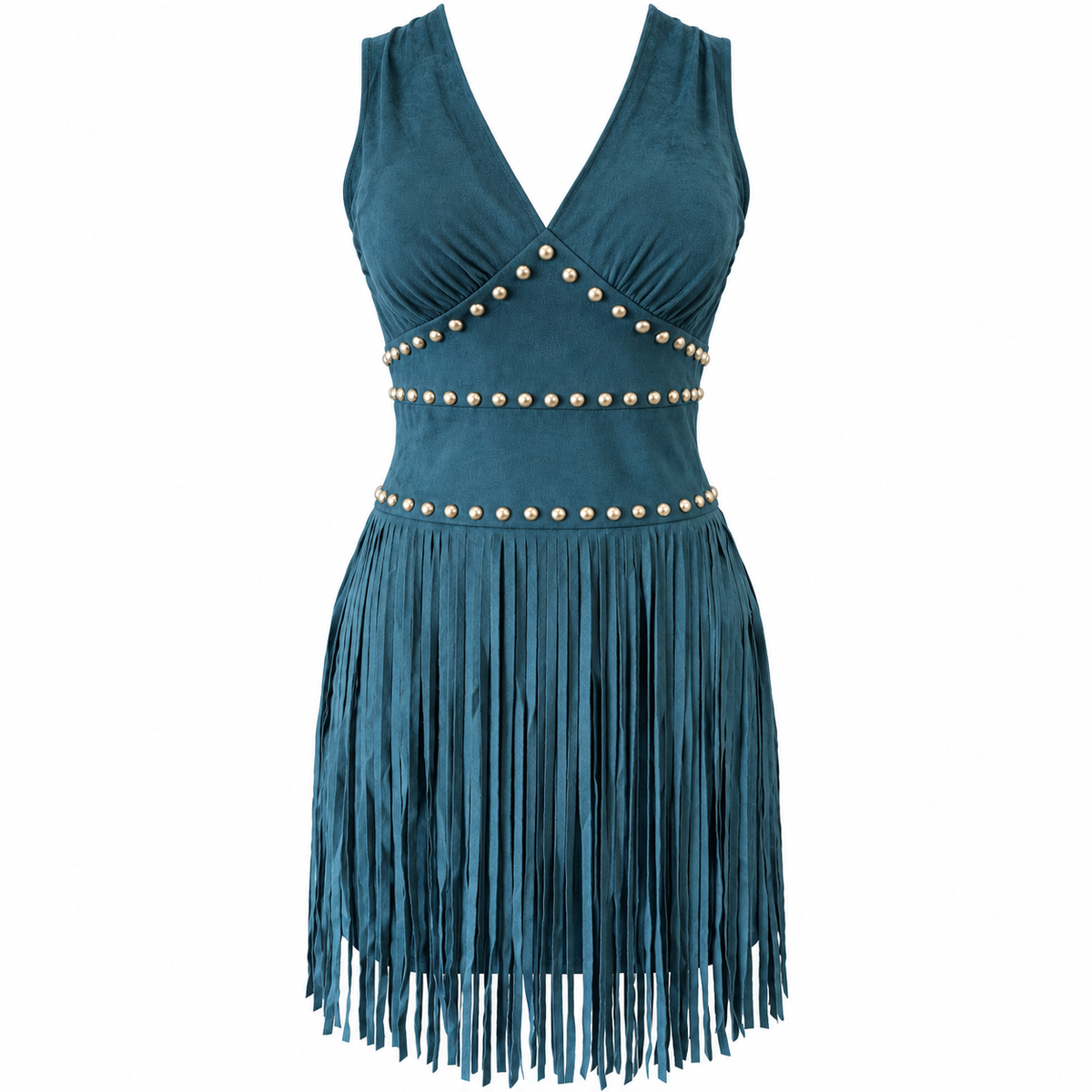Rock & Roll Denim Women’s Teal Suede Fringe Dress with Gold-Tone Studs BWD0R09984