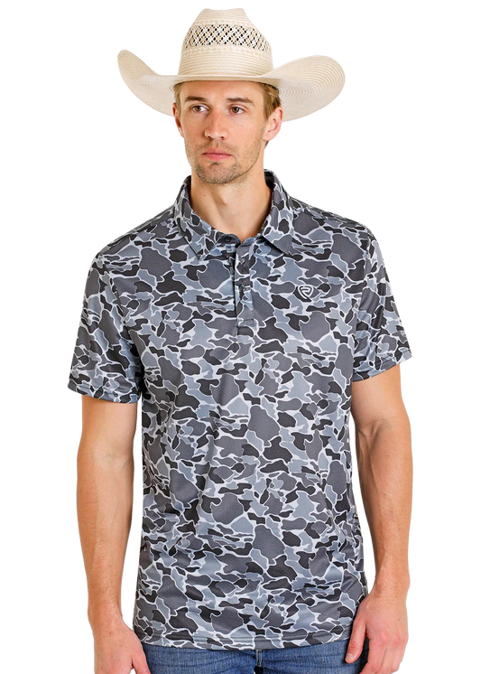 Rock & Roll Men's Denim Polo Grey Camo Printed Mesh BM51T08355