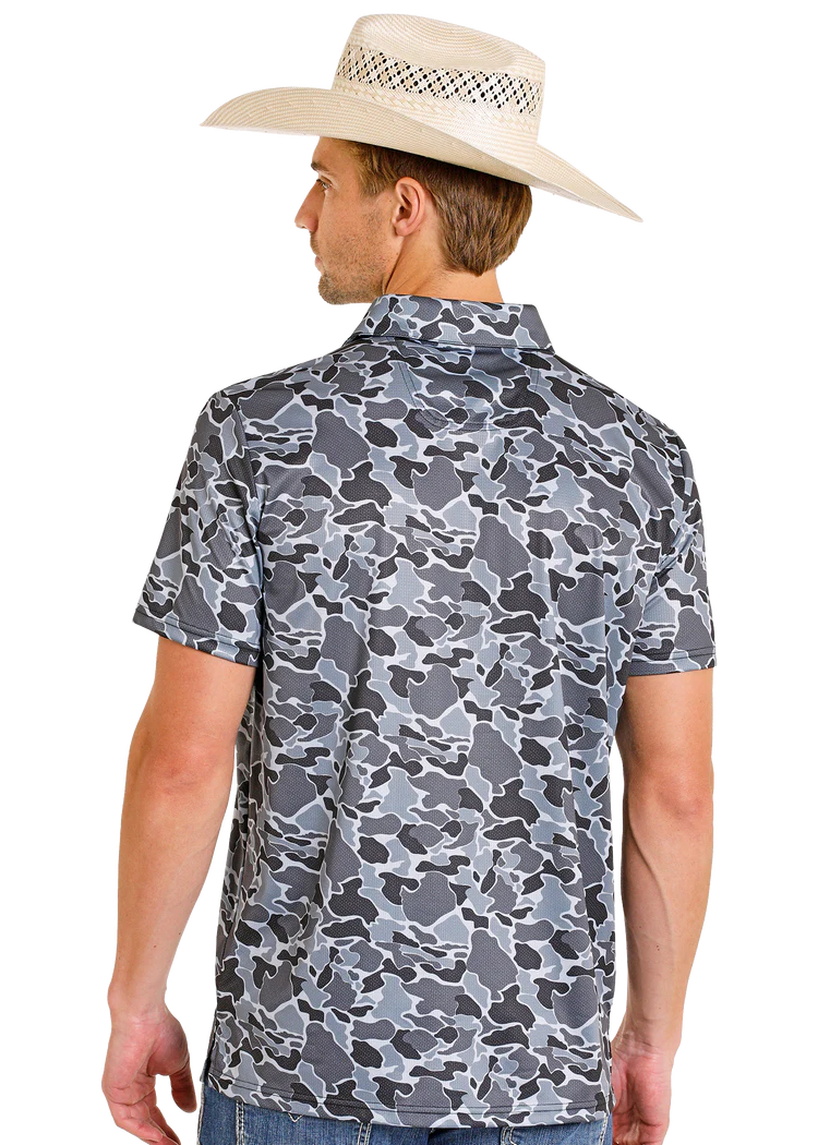 Rock & Roll Men's Denim Polo Grey Camo Printed Mesh BM51T08355