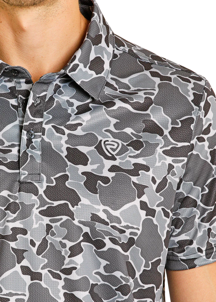 Rock & Roll Men's Denim Polo Grey Camo Printed Mesh BM51T08355