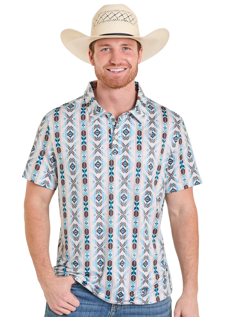 Rock & Roll Men's Denim Polo Light Southwestern Aztec Print BM51T08339