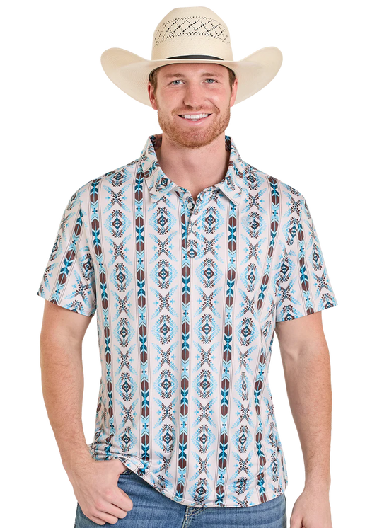 Rock & Roll Men's Denim Polo Light Southwestern Aztec Print BM51T08339