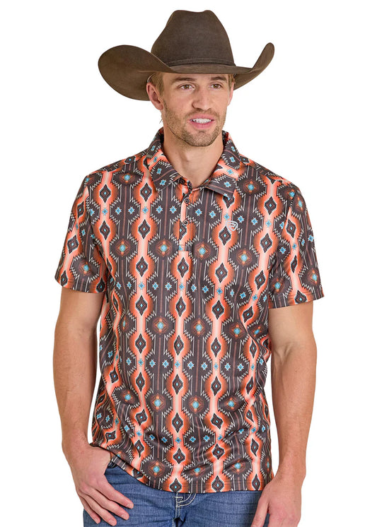 Rock & Roll Men's Denim Polo Orange Diamond Aztec Polo BM51T07686