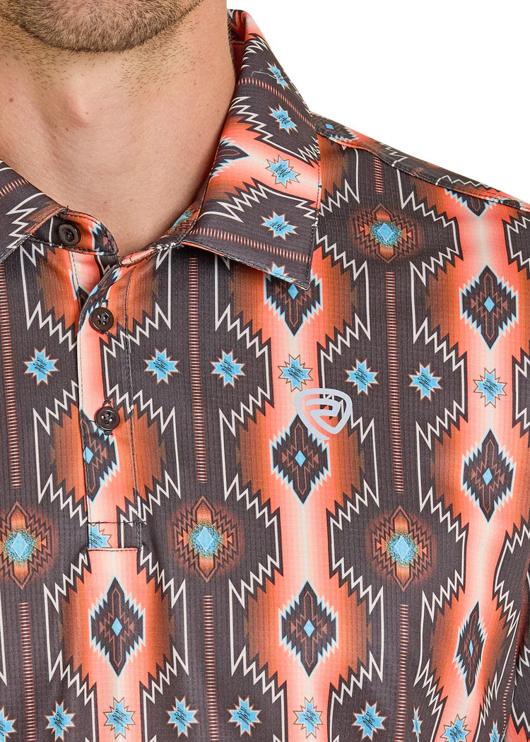 Rock & Roll Men's Denim Polo Orange Diamond Aztec Polo BM51T07686
