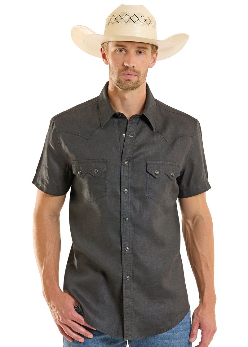 Rock & Roll Mens Solid Linen Short Sleeve Snap Black BMN3S08755