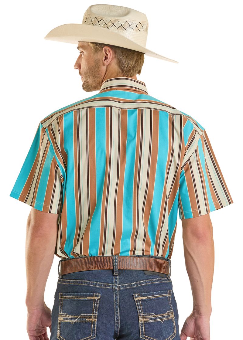 Rock & Roll Mens Stripe Printed Teal Short Sleeve Snap BMN3S08652