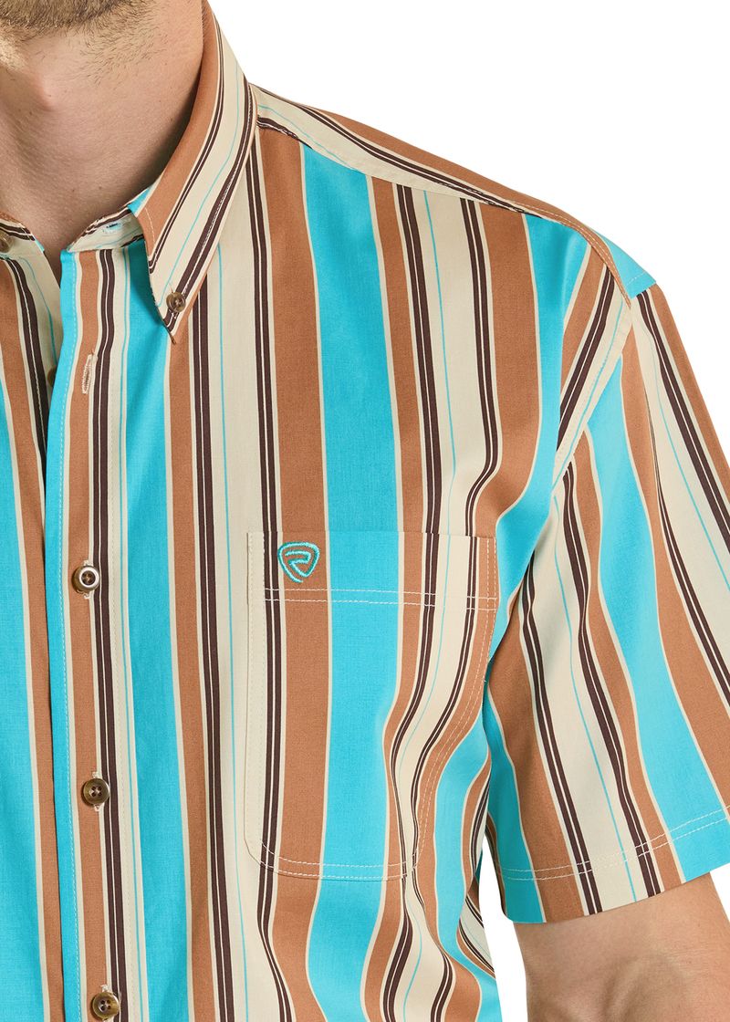 Rock & Roll Mens Stripe Printed Teal Short Sleeve Snap BMN3S08652