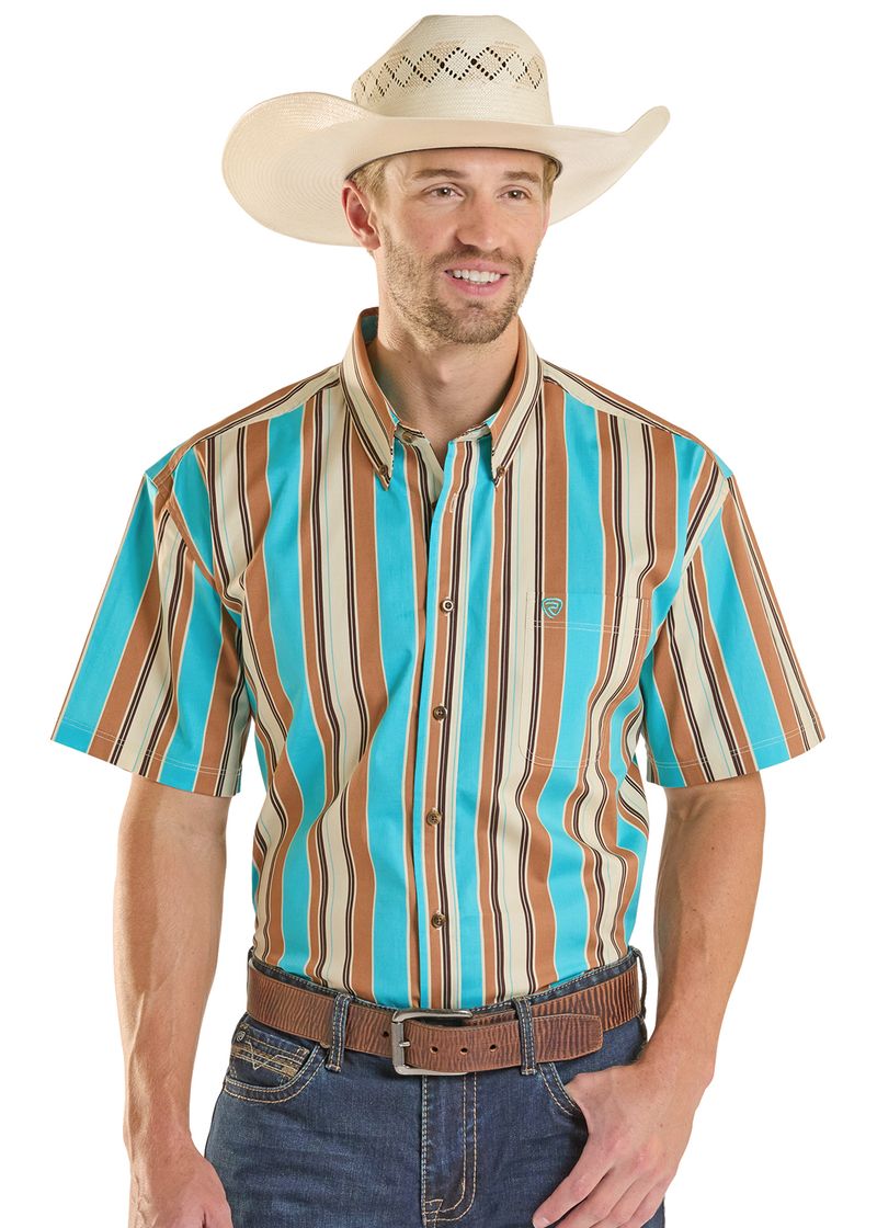 Rock & Roll Mens Stripe Printed Teal Short Sleeve Snap BMN3S08652