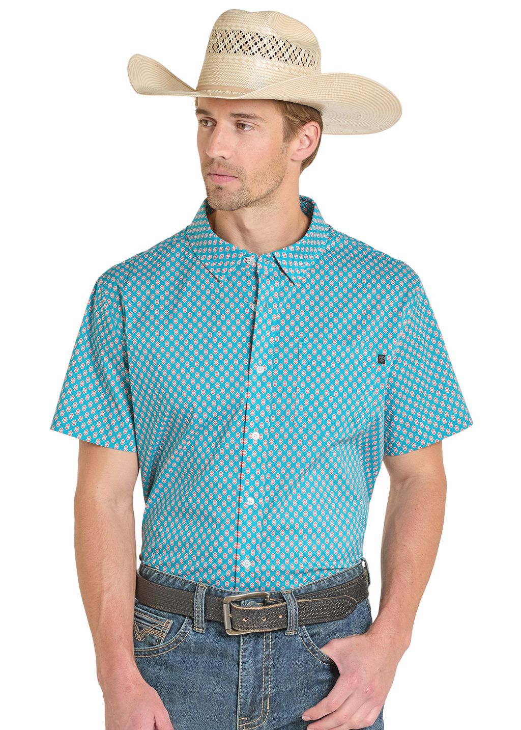 Rock & Roll Mens TEK Teal Short Sleeve Button BMB3S08406